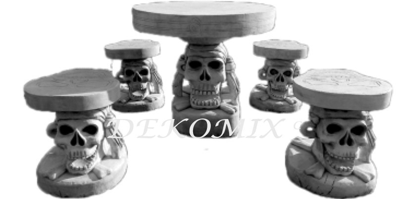 Totenkopf Tisch mit vier Hocker Sitzgruppe Piraten